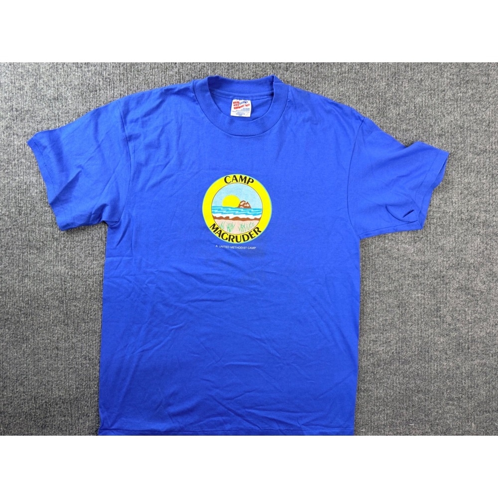Vintage Hanes Camp Magruder T Shirt Large Blue USA Made Graphic Tee 90s 50/50 L
